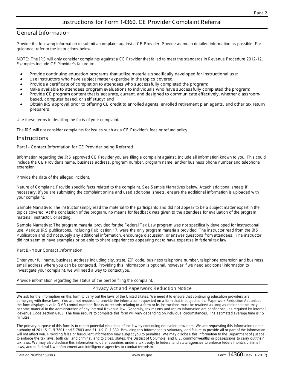 IRS Form 14360 Continuing Education Provider Complaint Referral, Page 2