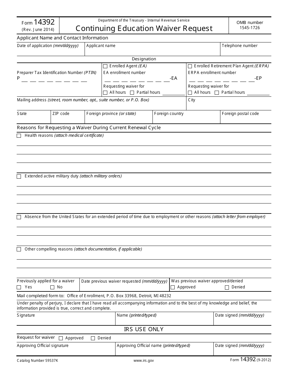 IRS Form 14392 Continuing Education Waiver Request, Page 1
