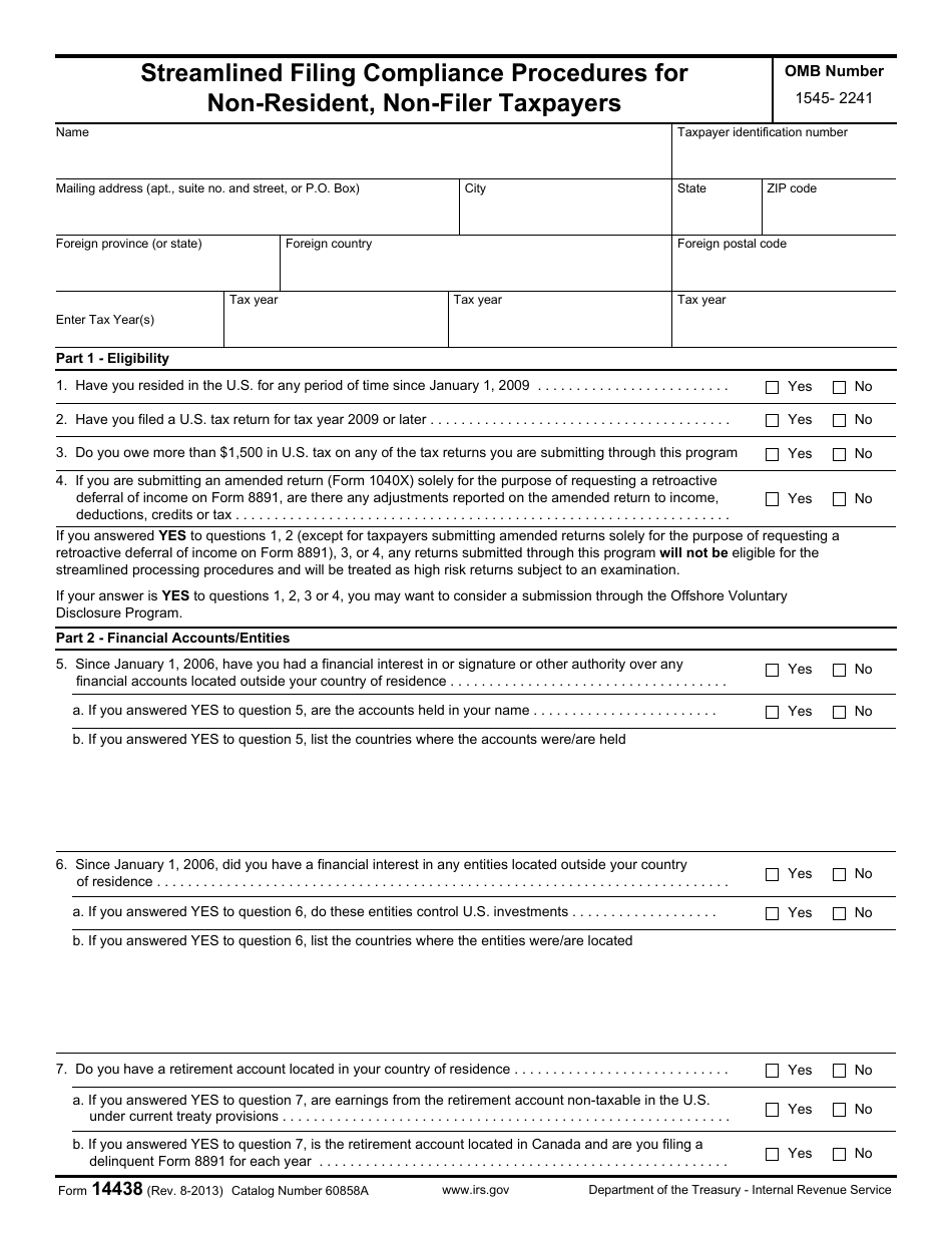 IRS Form 14438 Streamlined Filing Compliance Procedures for Non-resident, Non-filer Taxpayers, Page 1
