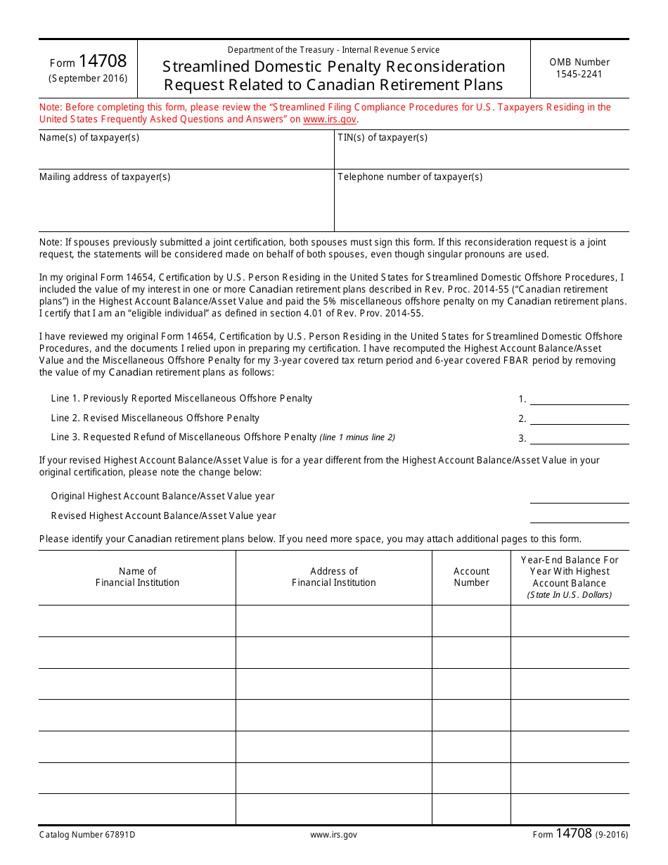 IRS Form 14708 Streamlined Domestic Penalty Reconsideration Request Related to Canadian Retirement Plans, Page 1