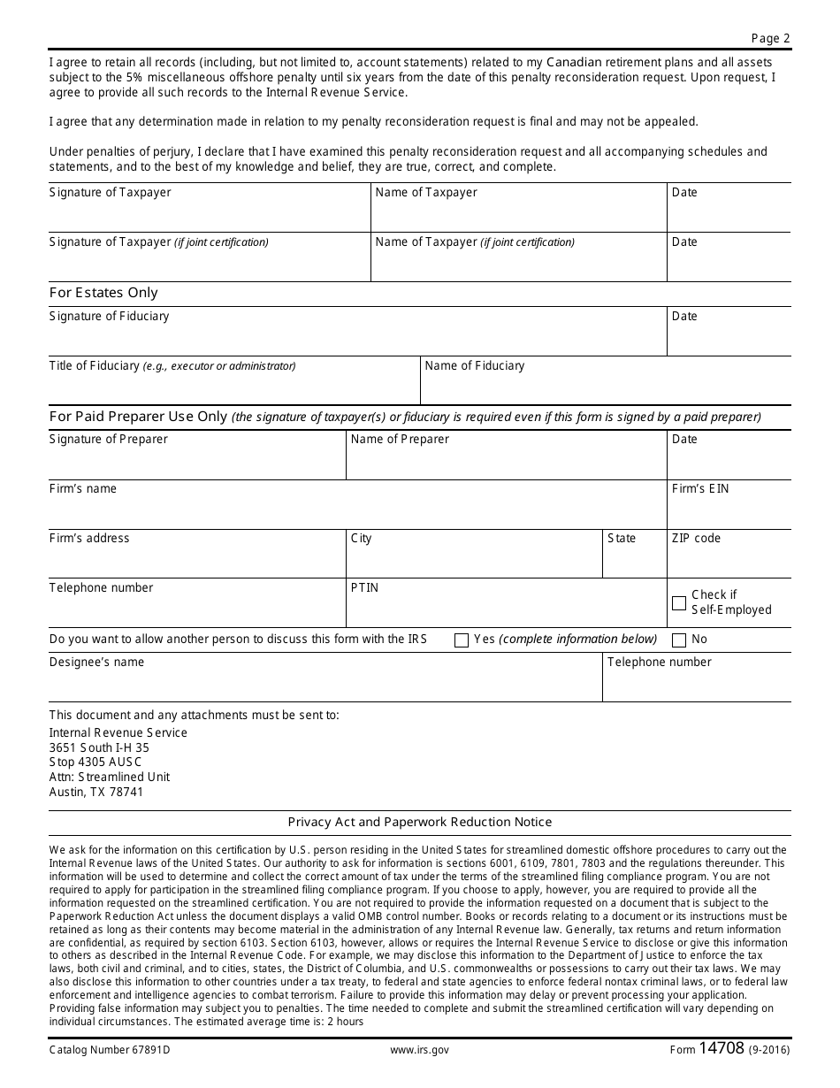IRS Form 14708 Streamlined Domestic Penalty Reconsideration Request Related to Canadian Retirement Plans, Page 2