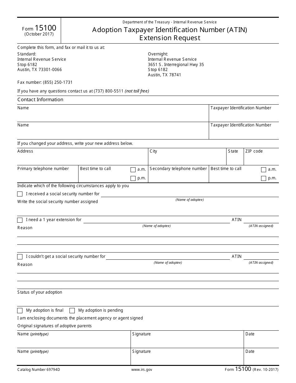 IRS Form 15100 Adoption Taxpayer Identification Number (Atin) Extension Request, Page 1