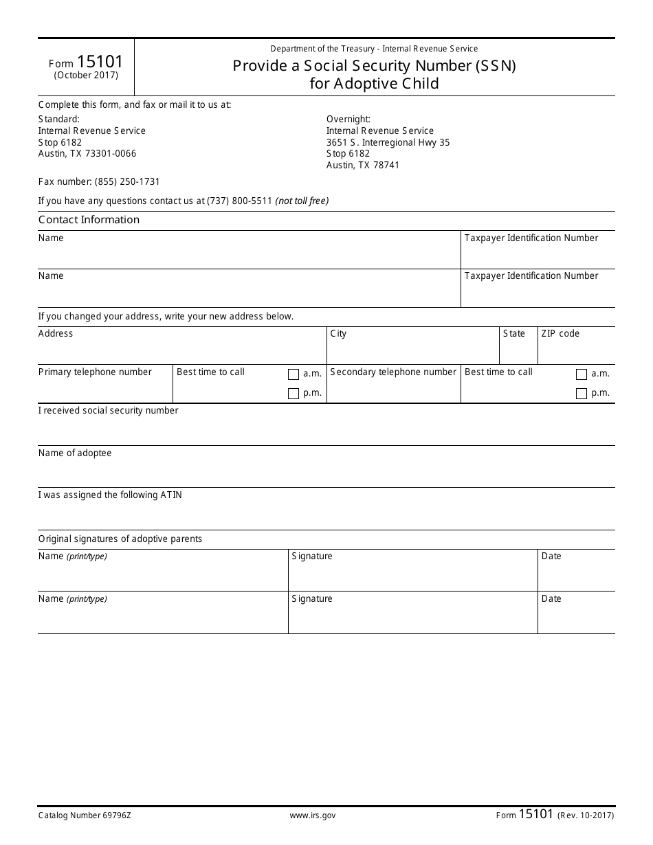 IRS Form 15101 Provide a Social Security Number (Ssn) for Adoptive Child, Page 1