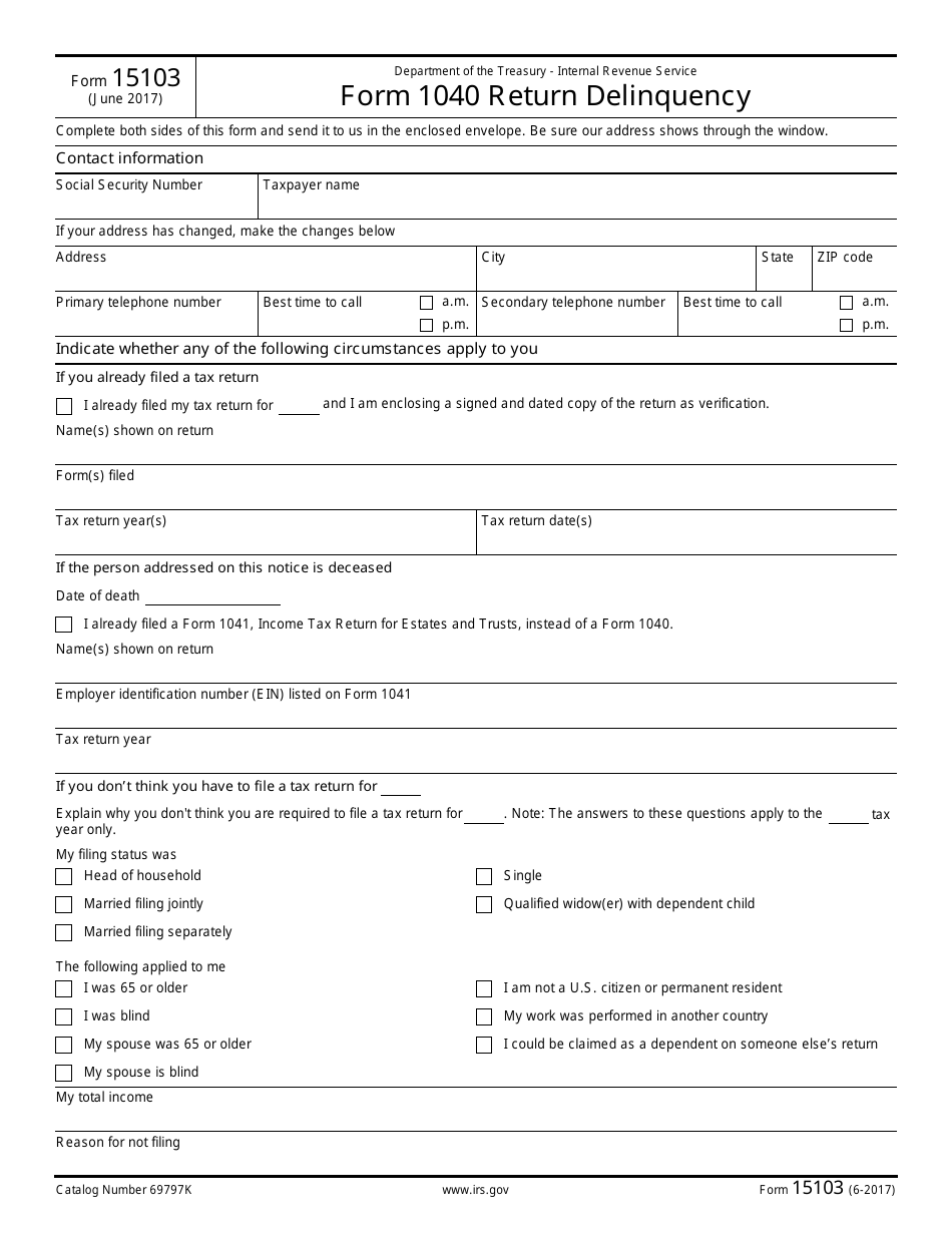 IRS Form 15103 Form 1040 Return Delinquency, Page 1