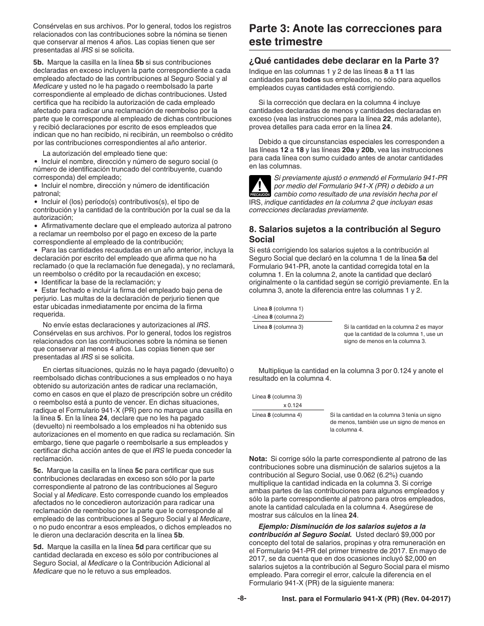 Instrucciones para IRS Formulario 941-X (PR) Ajuste a La Declaracion Federal Trimestral Del Patrono O Reclamacion De Reembolso (Puerto Rican Spanish), Page 8