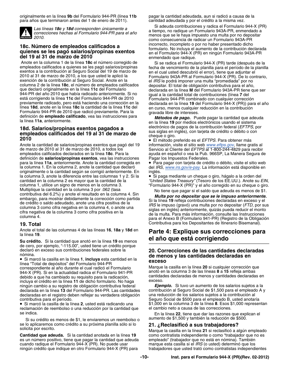 Instrucciones para IRS Formulario 944-X (PR) Ajuste a La Declaracion Federal Anual Del Patrono O Reclamacion De Reembolso (Puerto Rican Spanish), Page 10