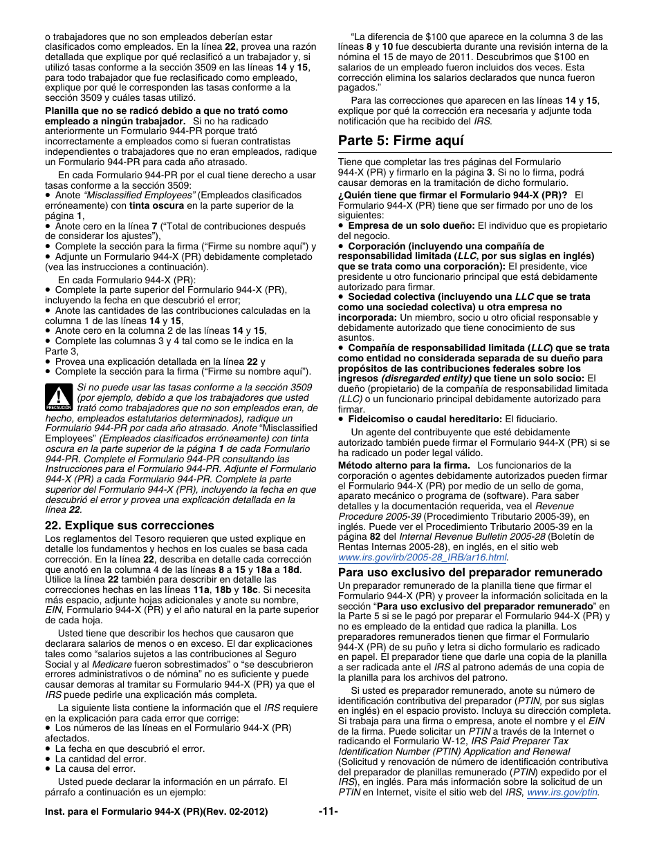 Instrucciones para IRS Formulario 944-X (PR) Ajuste a La Declaracion Federal Anual Del Patrono O Reclamacion De Reembolso (Puerto Rican Spanish), Page 11