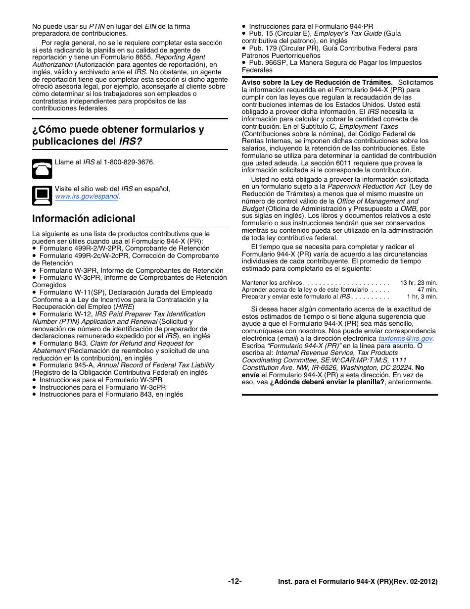 Instrucciones para IRS Formulario 944-X (PR) Ajuste a La Declaracion Federal Anual Del Patrono O Reclamacion De Reembolso (Puerto Rican Spanish), Page 12