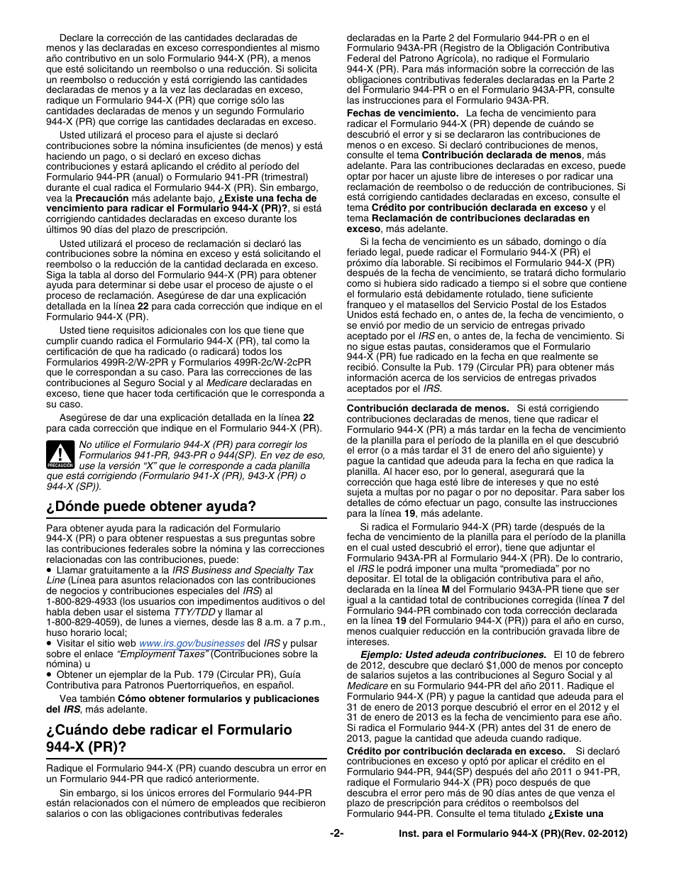 Instrucciones para IRS Formulario 944-X (PR) Ajuste a La Declaracion Federal Anual Del Patrono O Reclamacion De Reembolso (Puerto Rican Spanish), Page 2