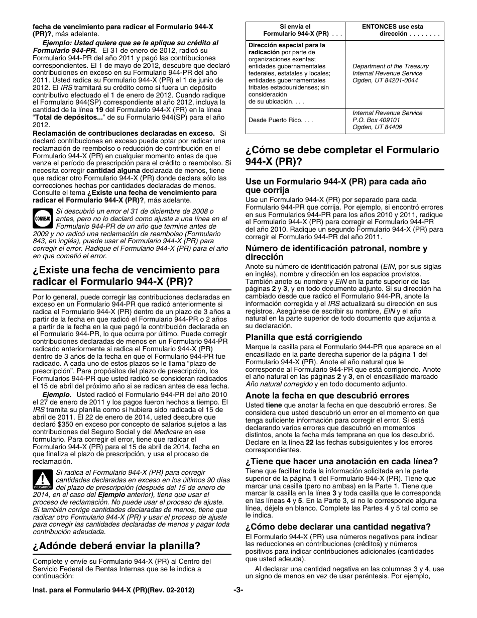 Instrucciones para IRS Formulario 944-X (PR) Ajuste a La Declaracion Federal Anual Del Patrono O Reclamacion De Reembolso (Puerto Rican Spanish), Page 3