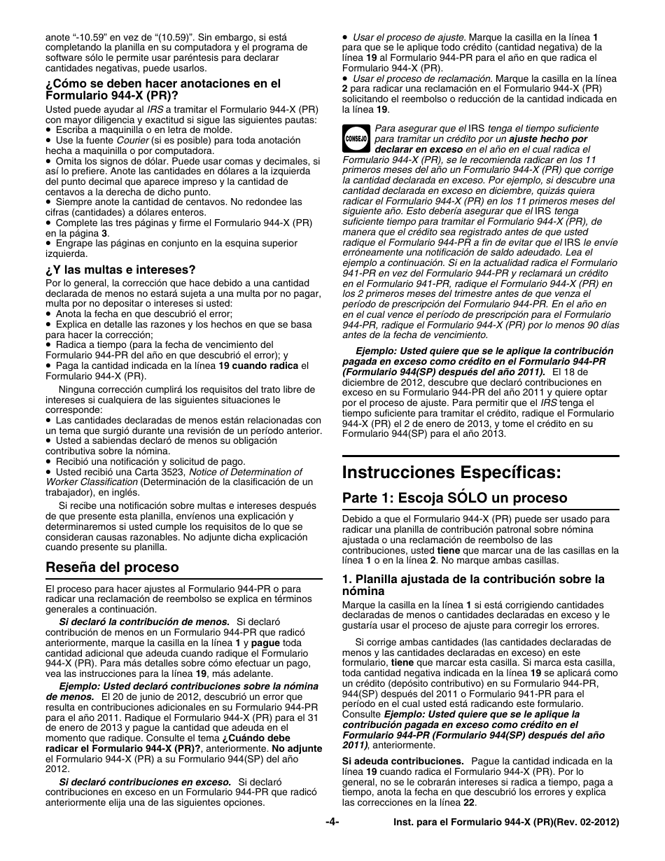 Instrucciones para IRS Formulario 944-X (PR) Ajuste a La Declaracion Federal Anual Del Patrono O Reclamacion De Reembolso (Puerto Rican Spanish), Page 4
