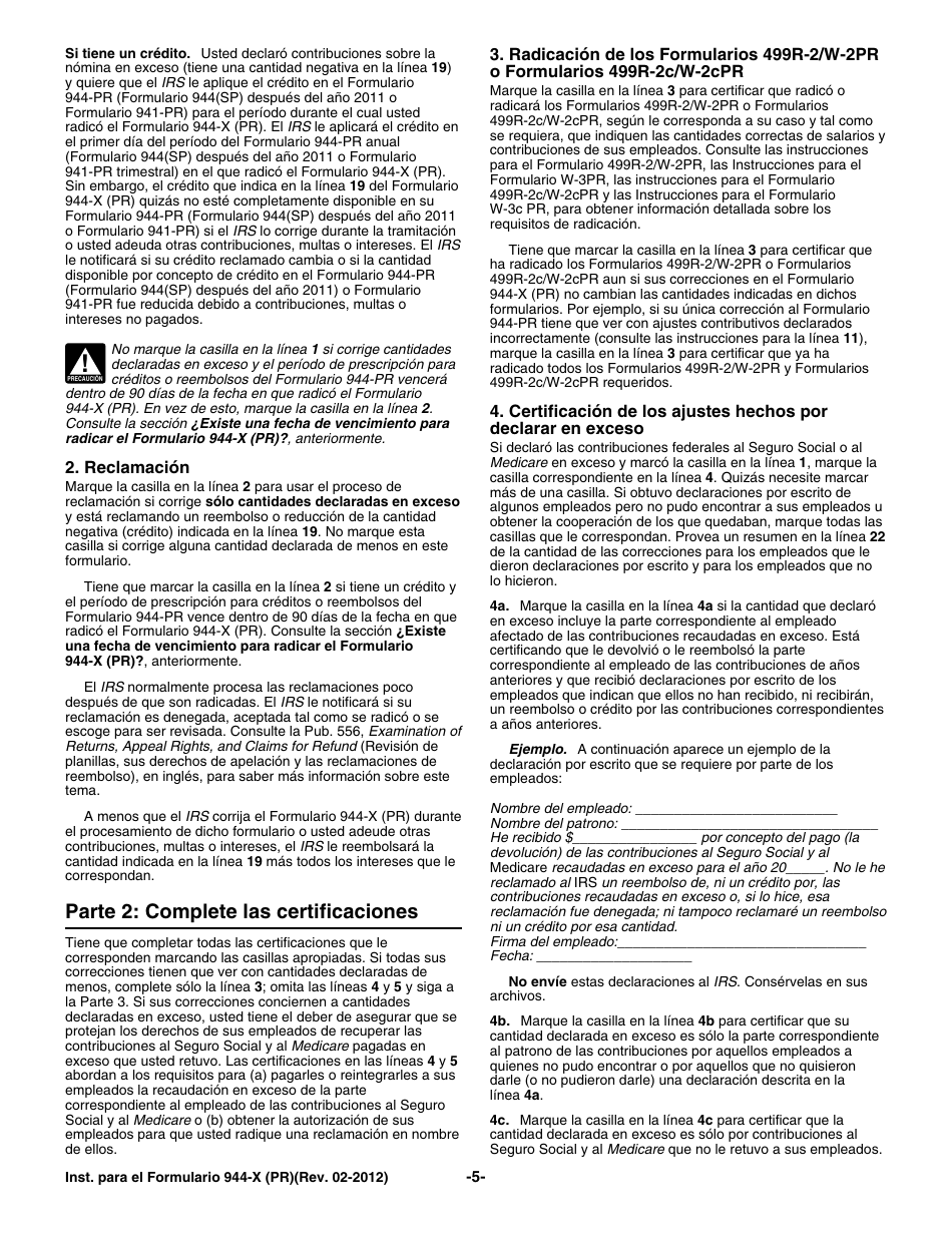 Instrucciones para IRS Formulario 944-X (PR) Ajuste a La Declaracion Federal Anual Del Patrono O Reclamacion De Reembolso (Puerto Rican Spanish), Page 5