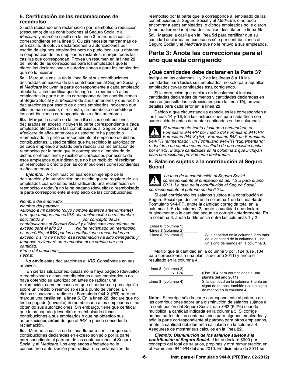 Instrucciones para IRS Formulario 944-X (PR) Ajuste a La Declaracion Federal Anual Del Patrono O Reclamacion De Reembolso (Puerto Rican Spanish), Page 6