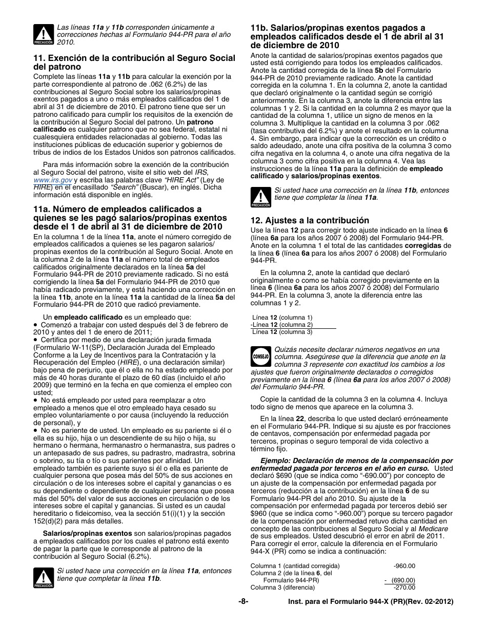 Instrucciones para IRS Formulario 944-X (PR) Ajuste a La Declaracion Federal Anual Del Patrono O Reclamacion De Reembolso (Puerto Rican Spanish), Page 8