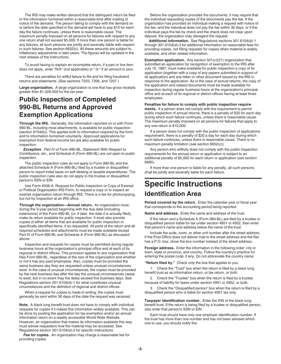 Instructions for IRS Form 990-BL Information and Initial Excise Tax Return for Black Lung Benefit Trusts and Certain Related Persons, Page 2