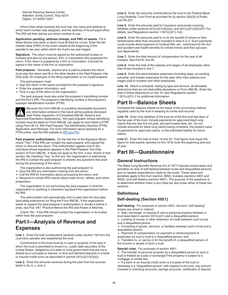 Instructions for IRS Form 990-BL Information and Initial Excise Tax Return for Black Lung Benefit Trusts and Certain Related Persons, Page 3