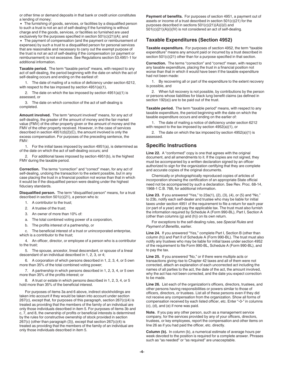 Instructions for IRS Form 990-BL Information and Initial Excise Tax Return for Black Lung Benefit Trusts and Certain Related Persons, Page 4