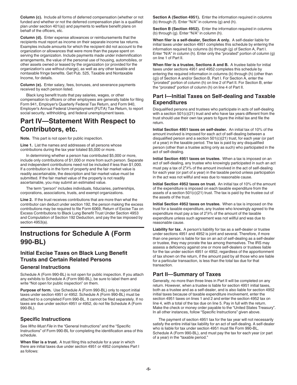 Instructions for IRS Form 990-BL Information and Initial Excise Tax Return for Black Lung Benefit Trusts and Certain Related Persons, Page 5