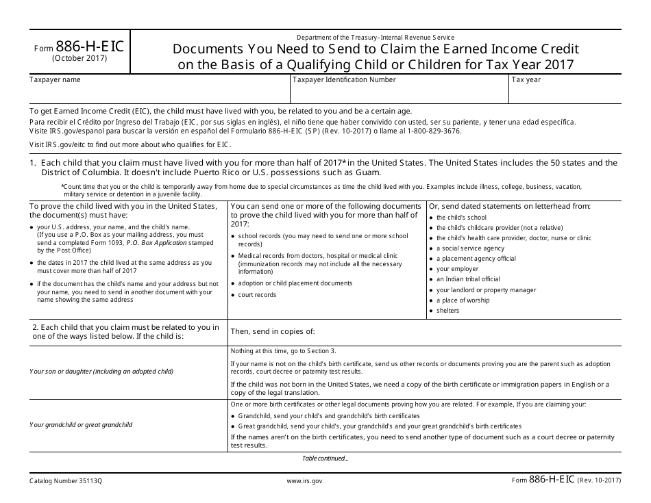 IRS Form 886-H-EIC Documents You Need to Send to Claim the Earned Income Credit on the Basis of a Qualifying Child or Children, Page 1