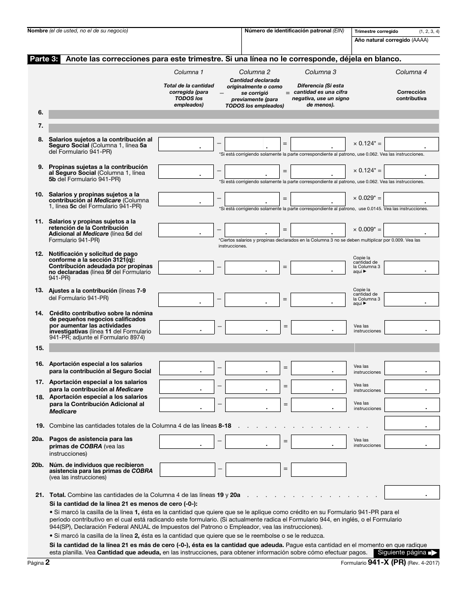 IRS Formulario 941-X (PR) Ajuste a La Declaracion Federal Trimestral Del Patrono O Reclamacion De Reembolso (Puerto Rican Spanish), Page 2