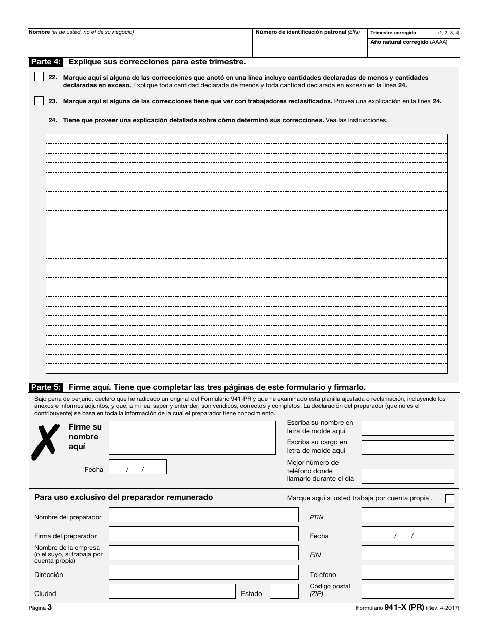 IRS Formulario 941-X (PR) Ajuste a La Declaracion Federal Trimestral Del Patrono O Reclamacion De Reembolso (Puerto Rican Spanish), Page 3