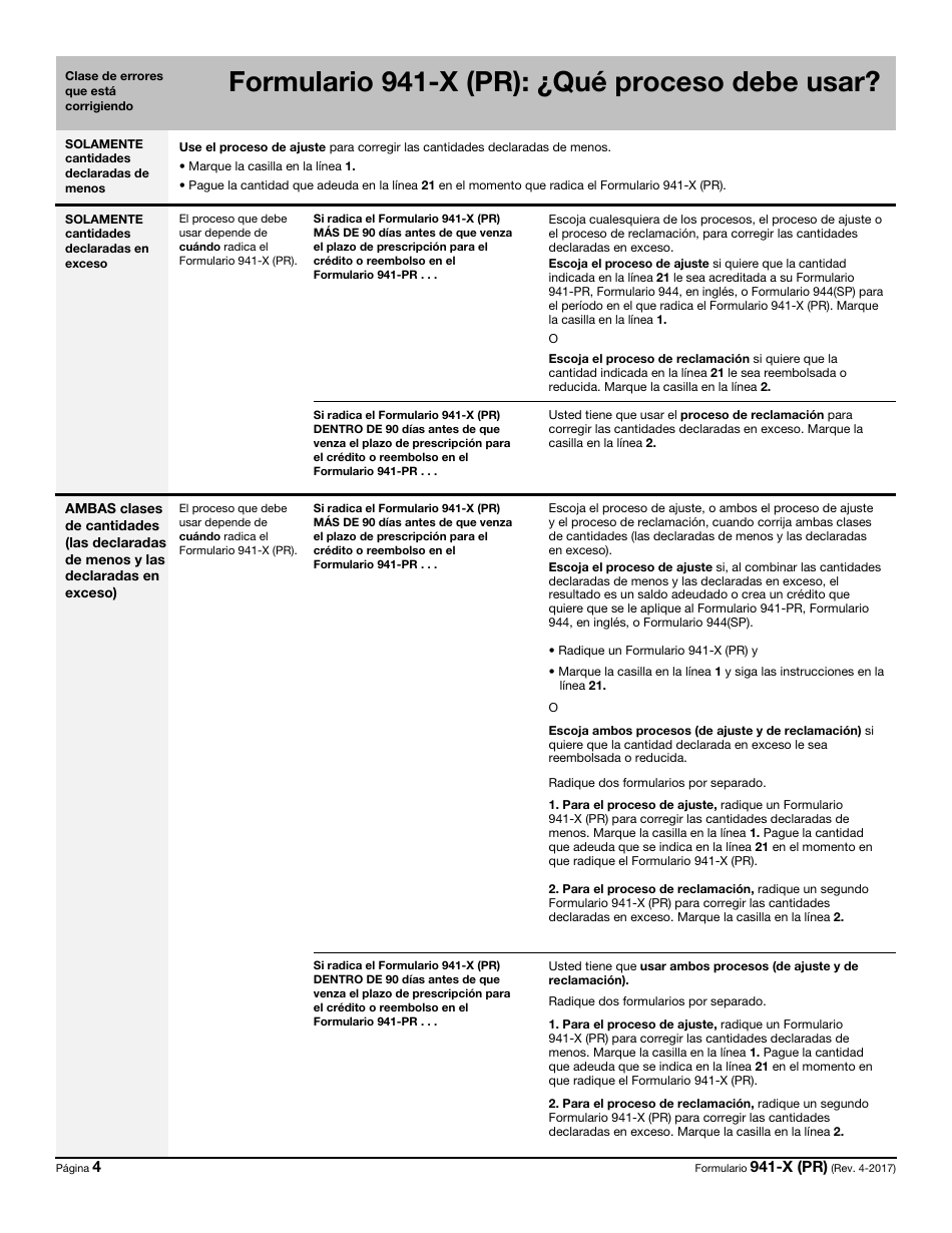 IRS Formulario 941-X (PR) Ajuste a La Declaracion Federal Trimestral Del Patrono O Reclamacion De Reembolso (Puerto Rican Spanish), Page 4
