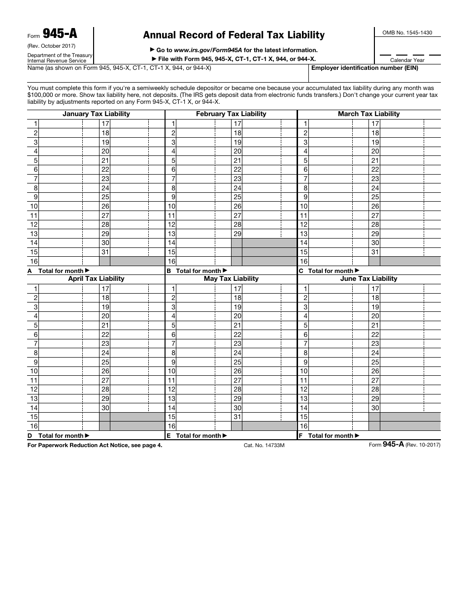 IRS Form 945-A Annual Record of Federal Tax Liability, Page 1