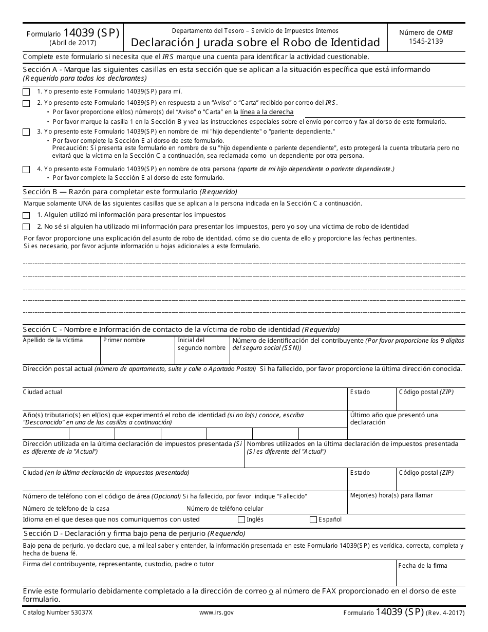 IRS Formulario 14039 (SP) Declaracion Jurada Sobre El Robo De Identidad (Spanish), Page 1