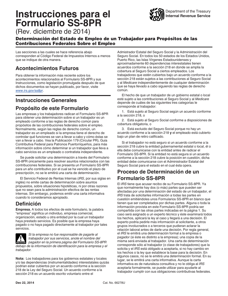 Instrucciones para IRS Formulario SS-8PR Determinacion Del Estado De Empleo De Un Trabajador Para Propositos De Las Contribuciones Federales Sobre El Empleo (Puerto Rican Spanish), Page 1