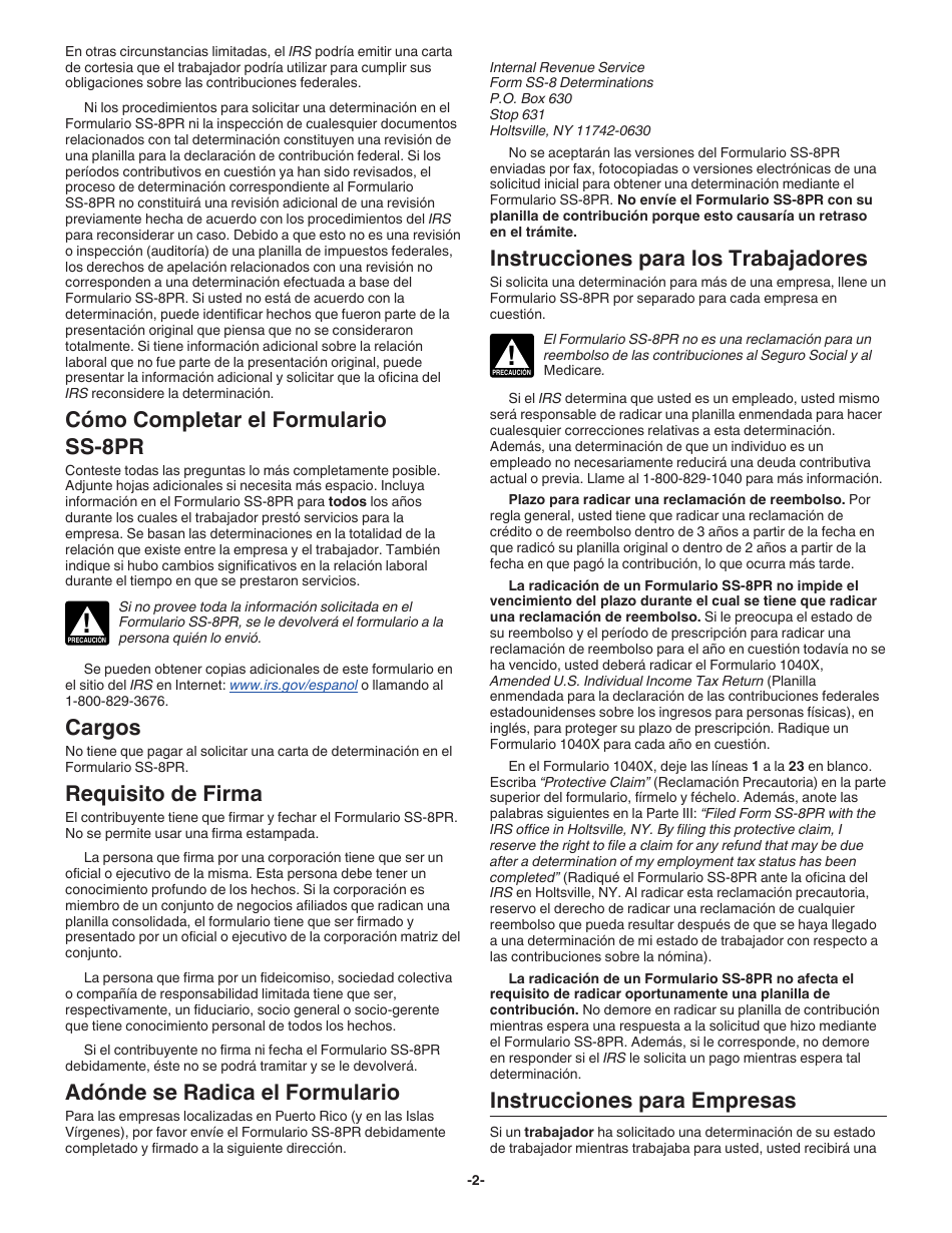 Instrucciones para IRS Formulario SS-8PR Determinacion Del Estado De Empleo De Un Trabajador Para Propositos De Las Contribuciones Federales Sobre El Empleo (Puerto Rican Spanish), Page 2