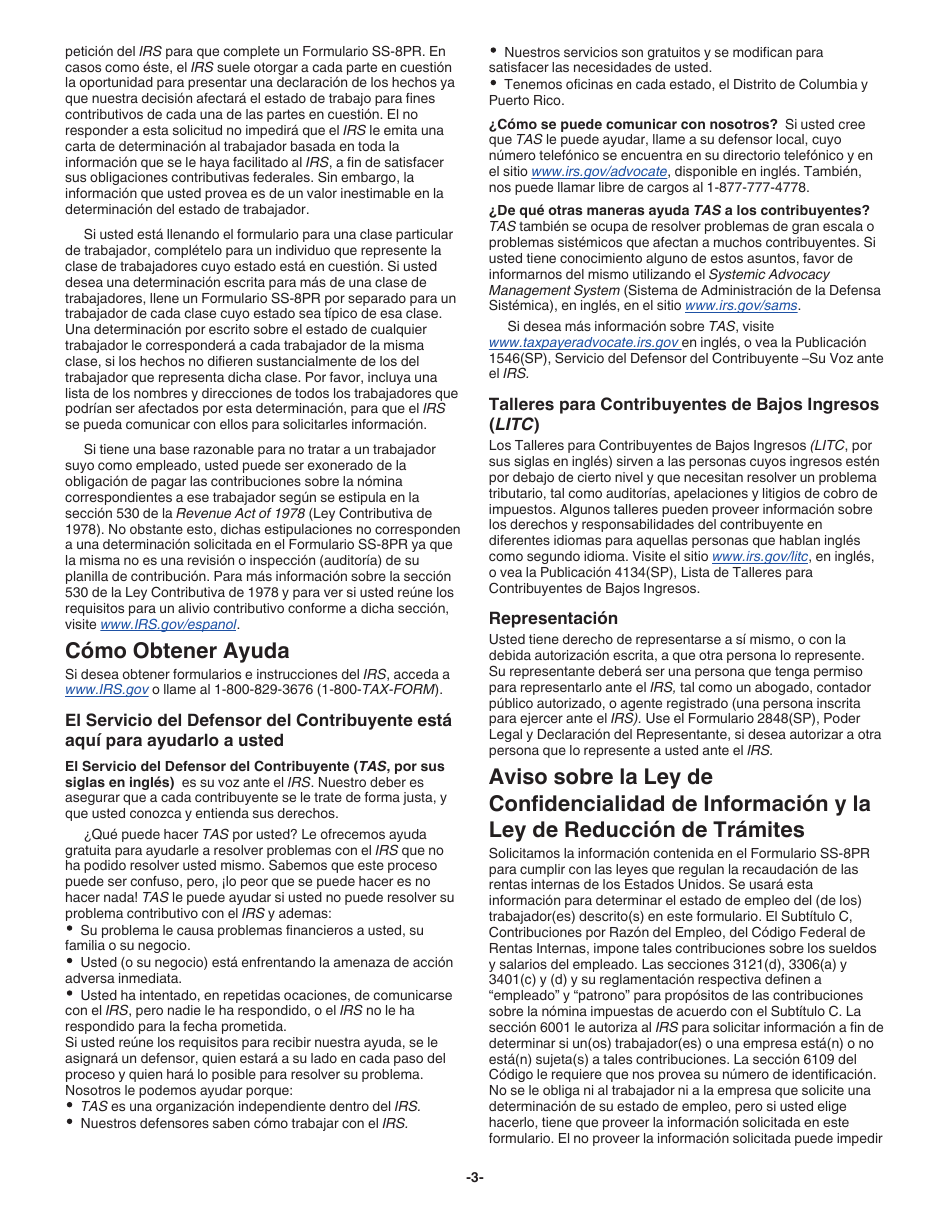 Instrucciones para IRS Formulario SS-8PR Determinacion Del Estado De Empleo De Un Trabajador Para Propositos De Las Contribuciones Federales Sobre El Empleo (Puerto Rican Spanish), Page 3
