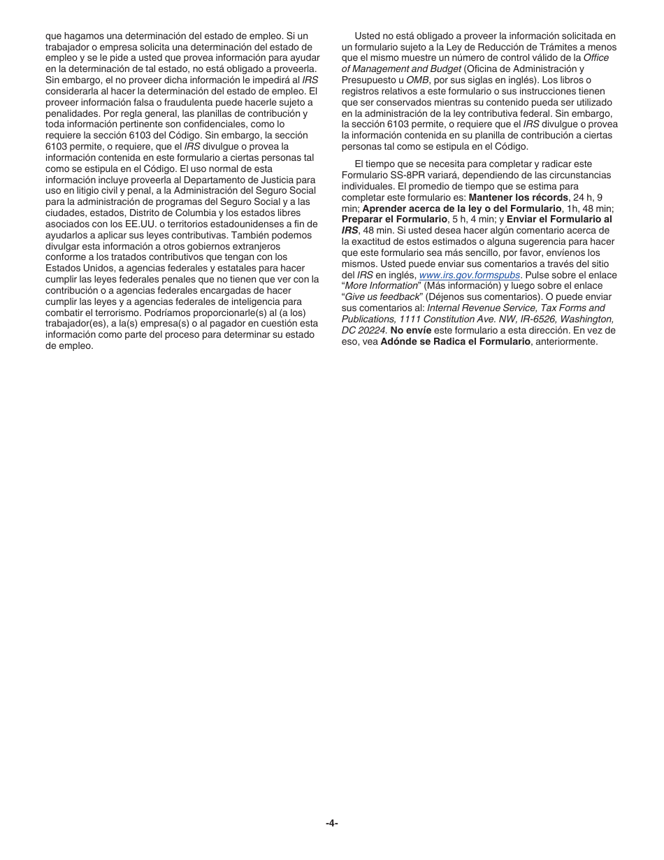 Instrucciones para IRS Formulario SS-8PR Determinacion Del Estado De Empleo De Un Trabajador Para Propositos De Las Contribuciones Federales Sobre El Empleo (Puerto Rican Spanish), Page 4