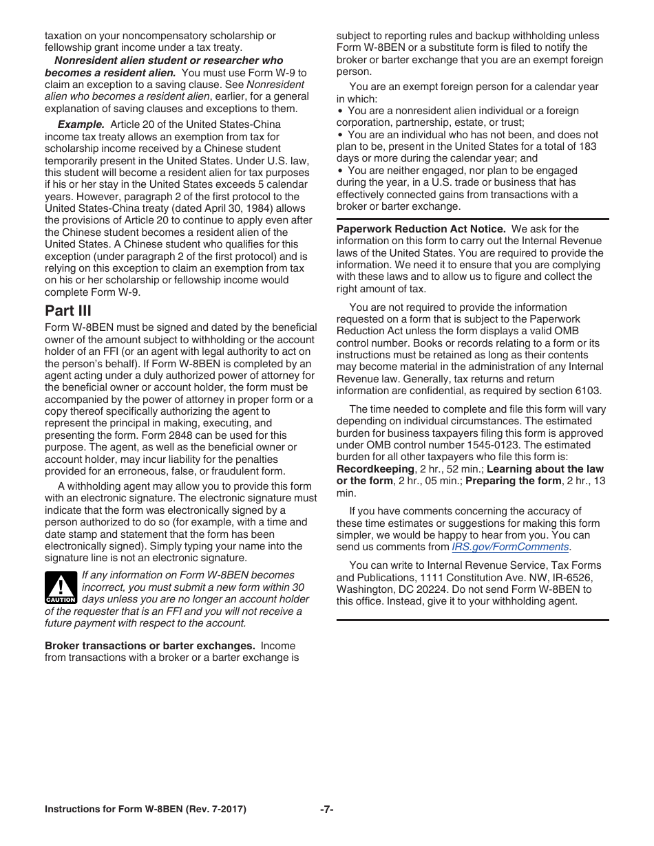 Instructions for IRS Form W-8BEN Certificate of Foreign Status of Beneficial Owner for United States Tax Withholding and Reporting (Individuals), Page 7