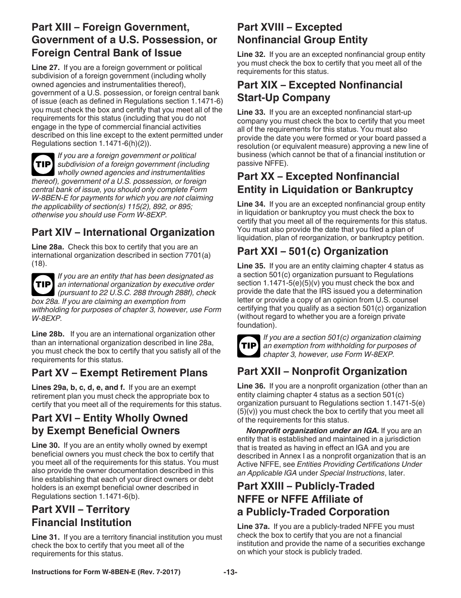 Instructions for IRS Form W-8BEN-E Certificate of Entities Status of Beneficial Owner for United States Tax Withholding and Reporting (Entities), Page 13