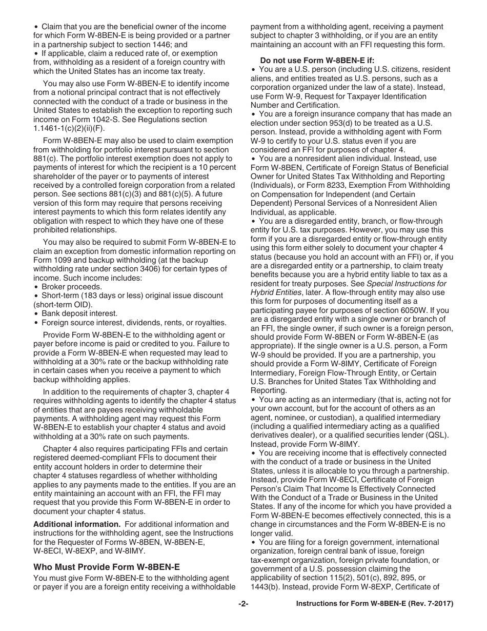 Instructions for IRS Form W-8BEN-E Certificate of Entities Status of Beneficial Owner for United States Tax Withholding and Reporting (Entities), Page 2