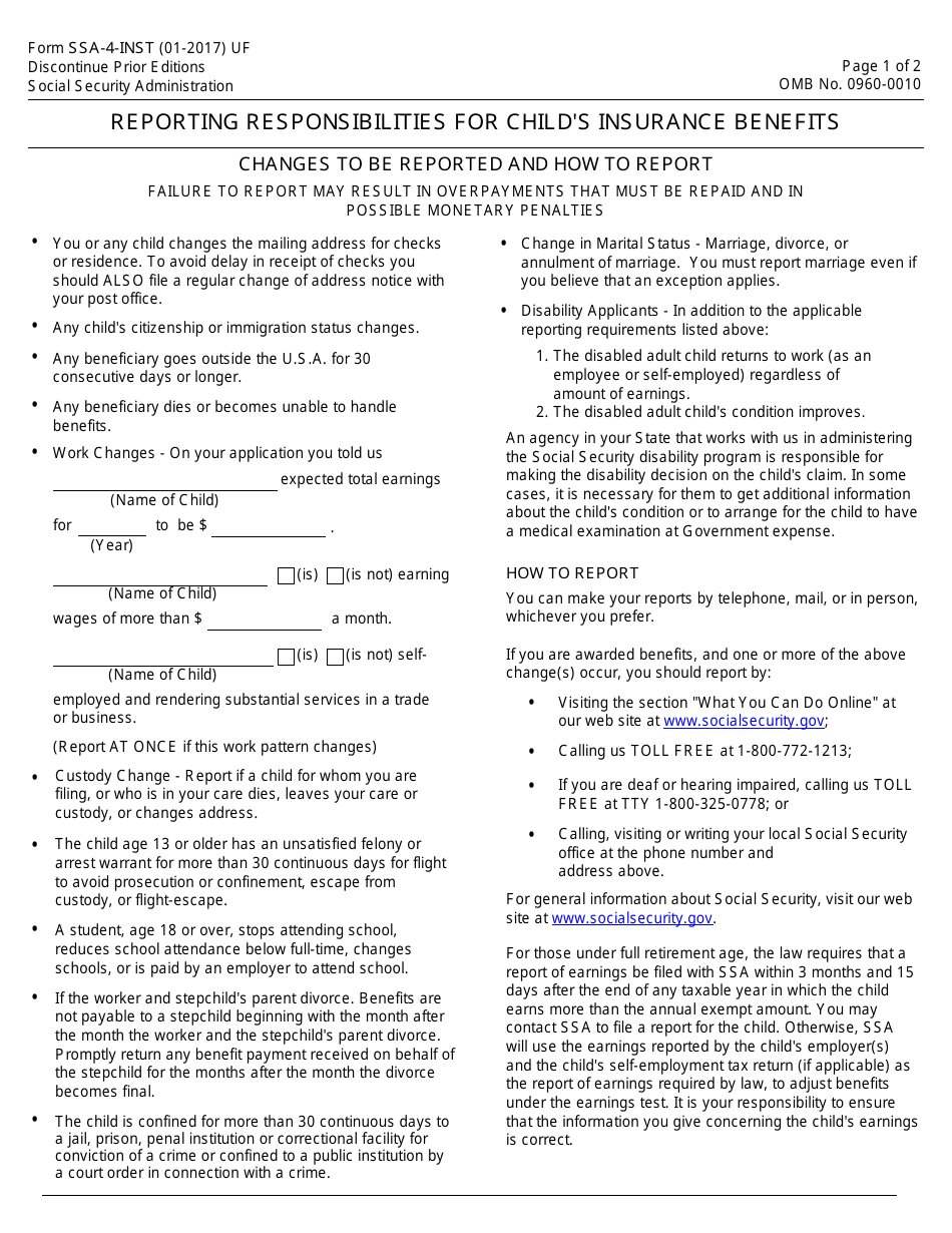 Form SSA-4-INST Reporting Responsibilities for Childs Insurance Benefits, Page 1
