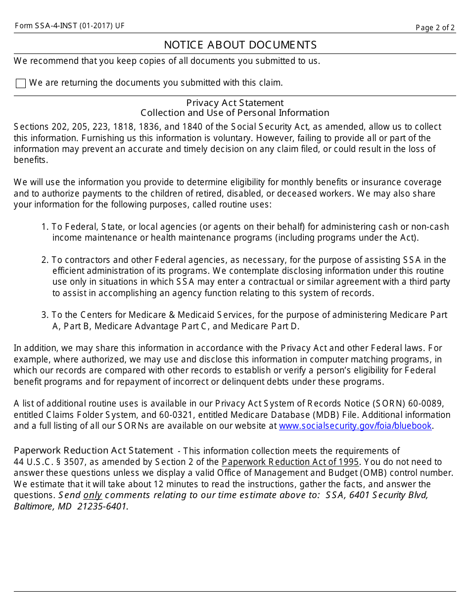 Form SSA-4-INST Reporting Responsibilities for Childs Insurance Benefits, Page 2