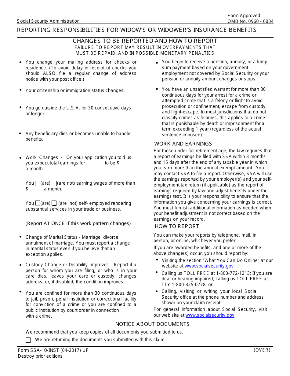 Form SSA-10-INST Reporting Responsiblities for Widows or Widowers Insurance Benefits, Page 1