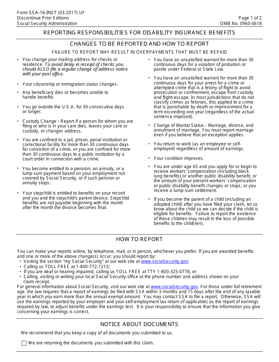 Instructions for Form SSA-16 Application for Disability Insurance Benefits, Page 1