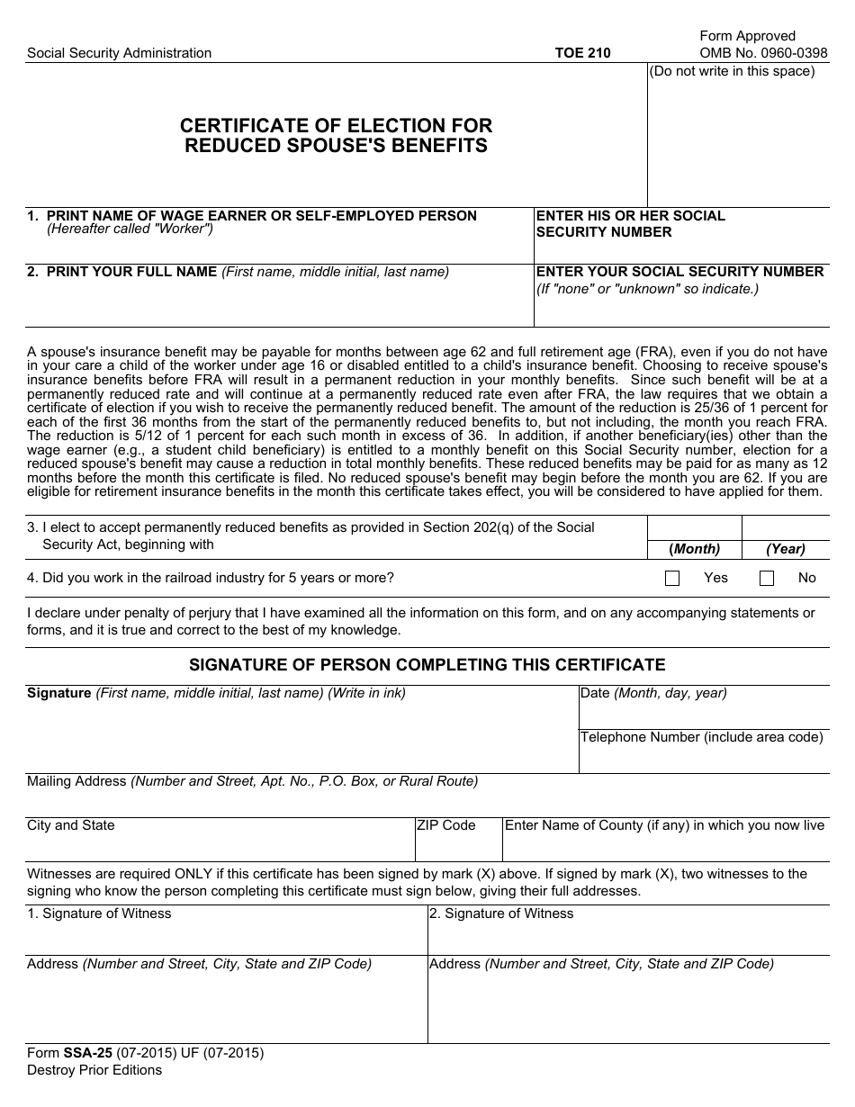 Form SSA-25 Certification of Election for Reduced Spouses Benefits, Page 1