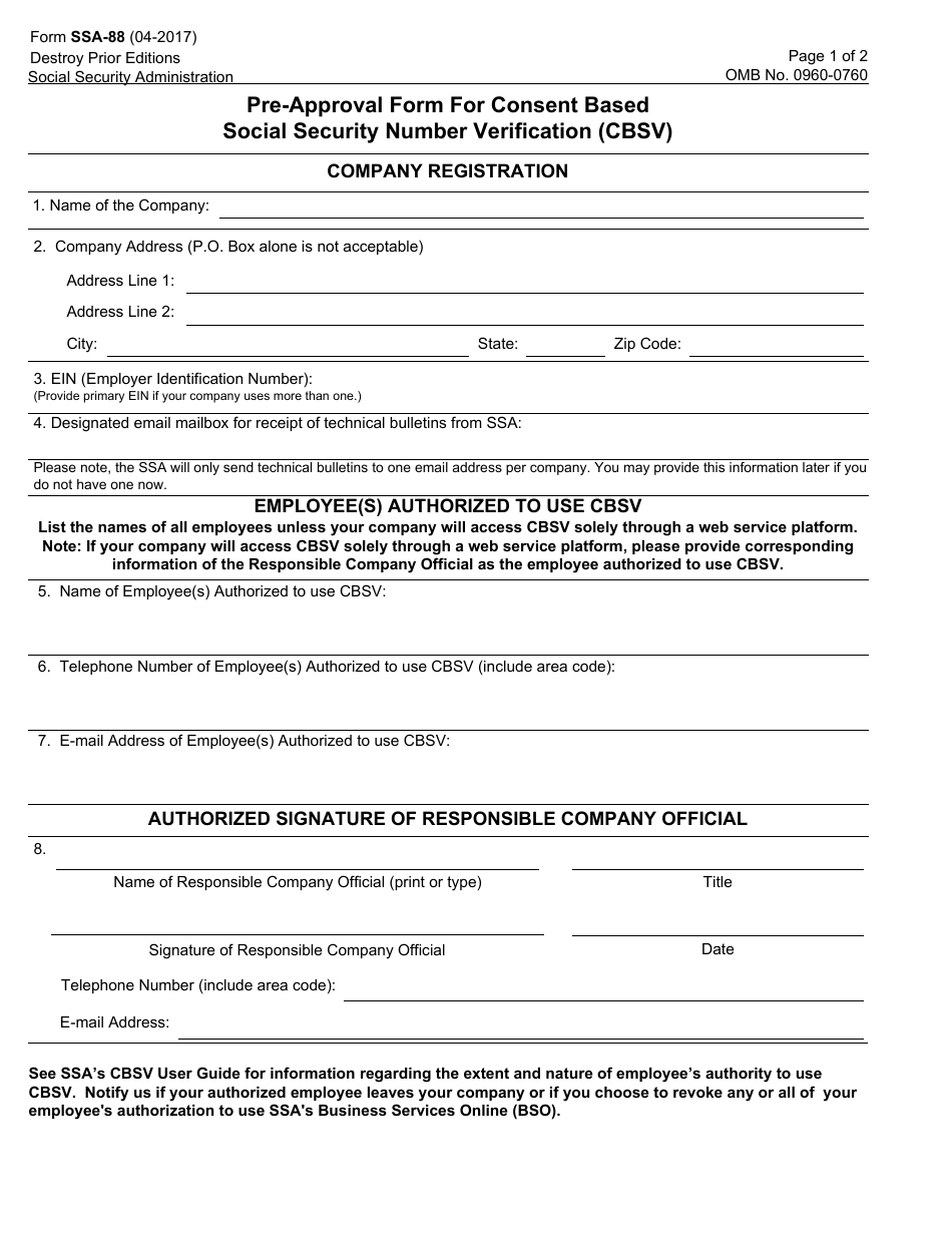 Form SSA-88 Pre-approval Form for Consent Based Social Security Number Verification (Cbsv), Page 1