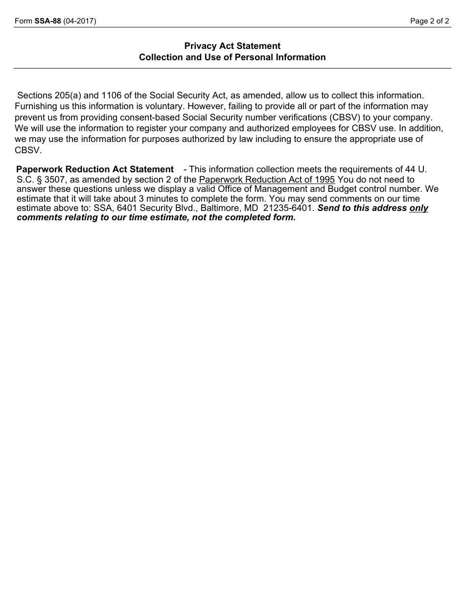 Form SSA-88 Pre-approval Form for Consent Based Social Security Number Verification (Cbsv), Page 2