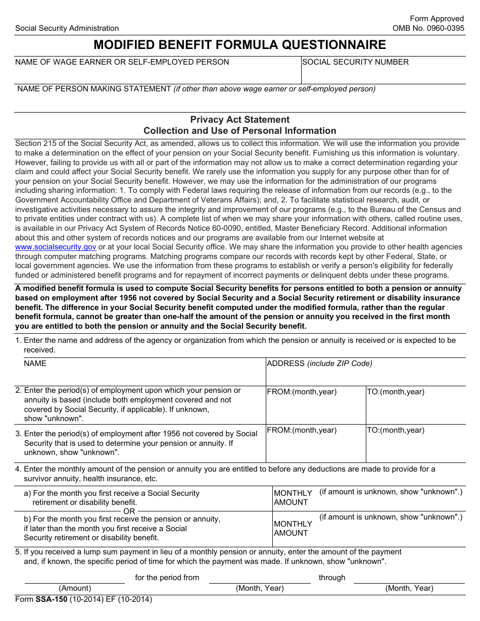 Form SSA-150 Modified Benefits Formula Questionnaire, Page 1