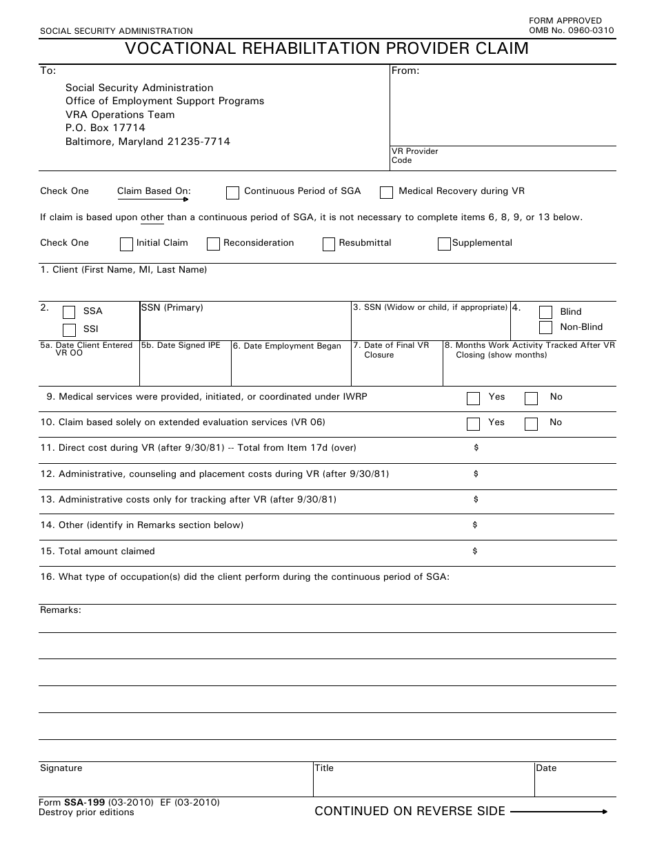 Form SSA-199 Vocational Rehabilitation Provider Claim, Page 1