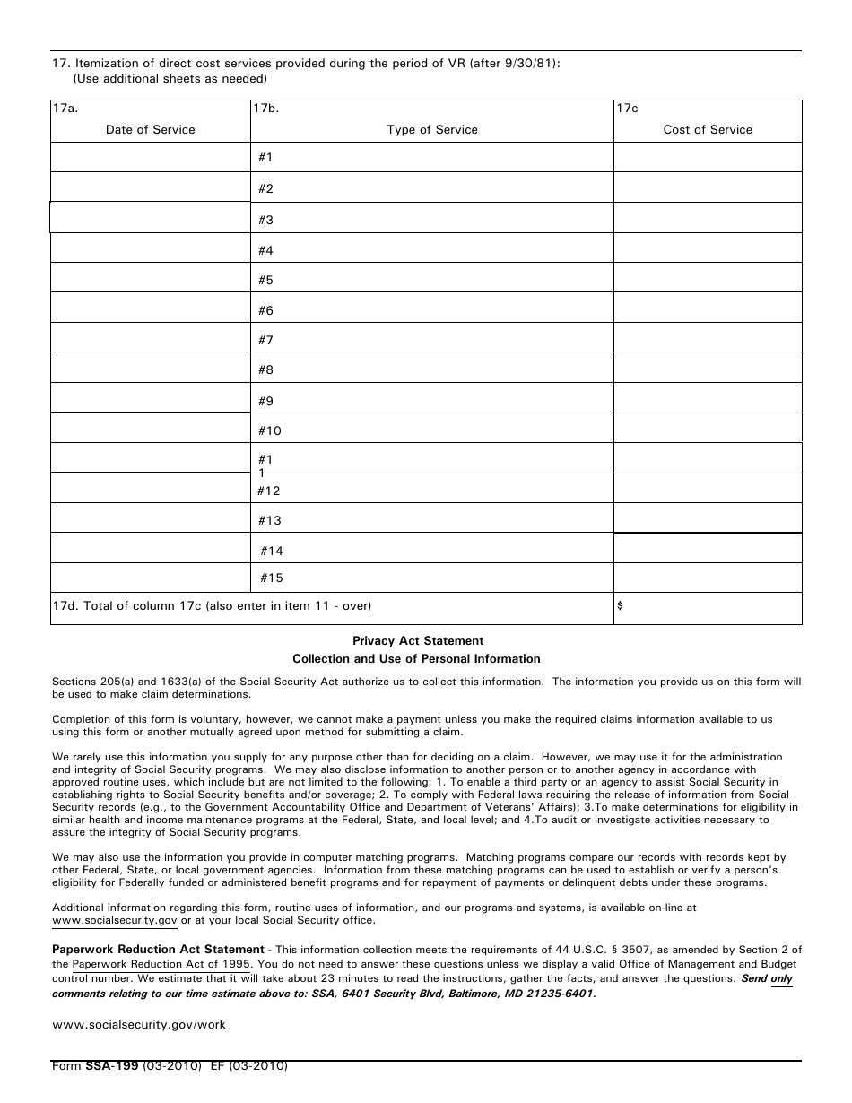 Form SSA-199 Vocational Rehabilitation Provider Claim, Page 2