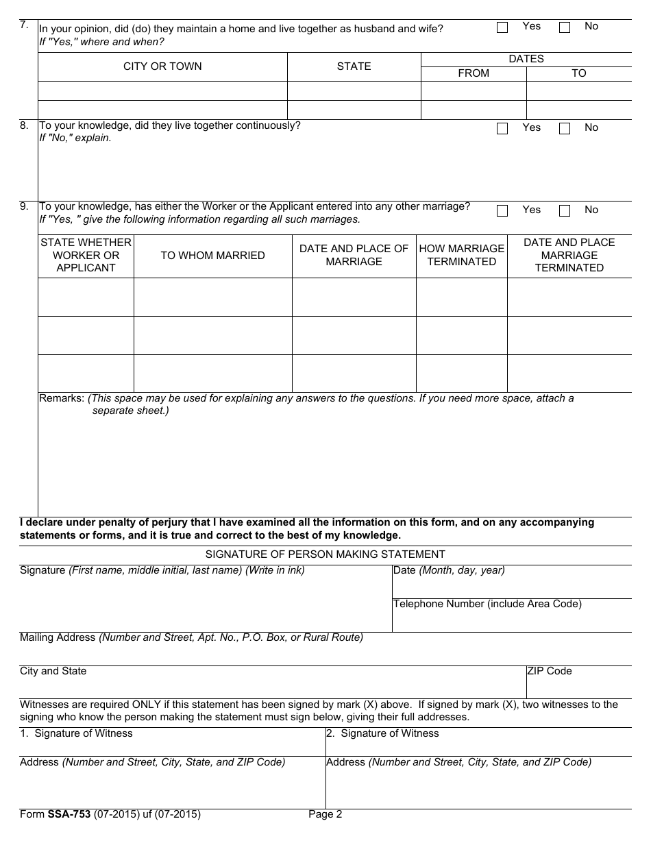 Form SSA-753 Statement Regarding Marriage, Page 2