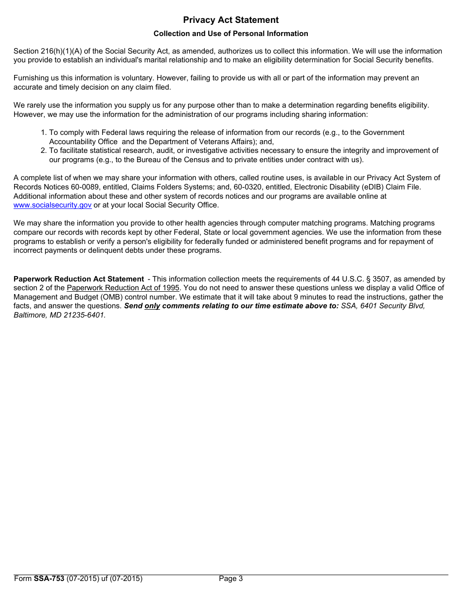Form SSA-753 Statement Regarding Marriage, Page 3