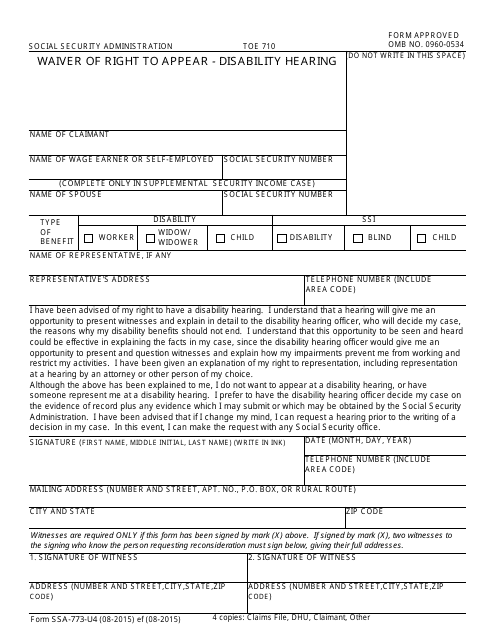 Form SSA-773-U4 Waiver of Right to Appear - Disability Hearing
