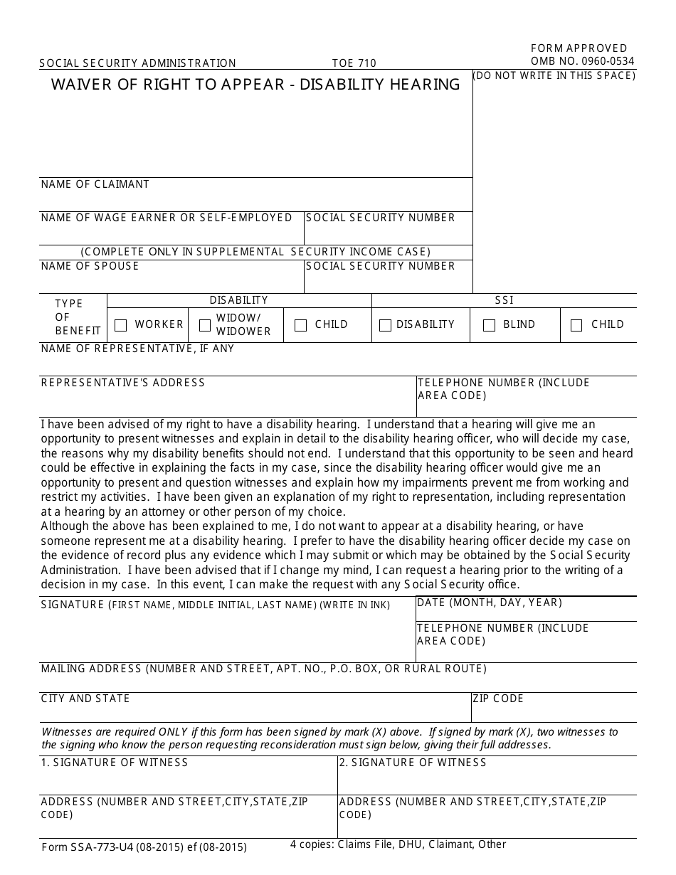 Form SSA-773-U4 Waiver of Right to Appear - Disability Hearing, Page 1
