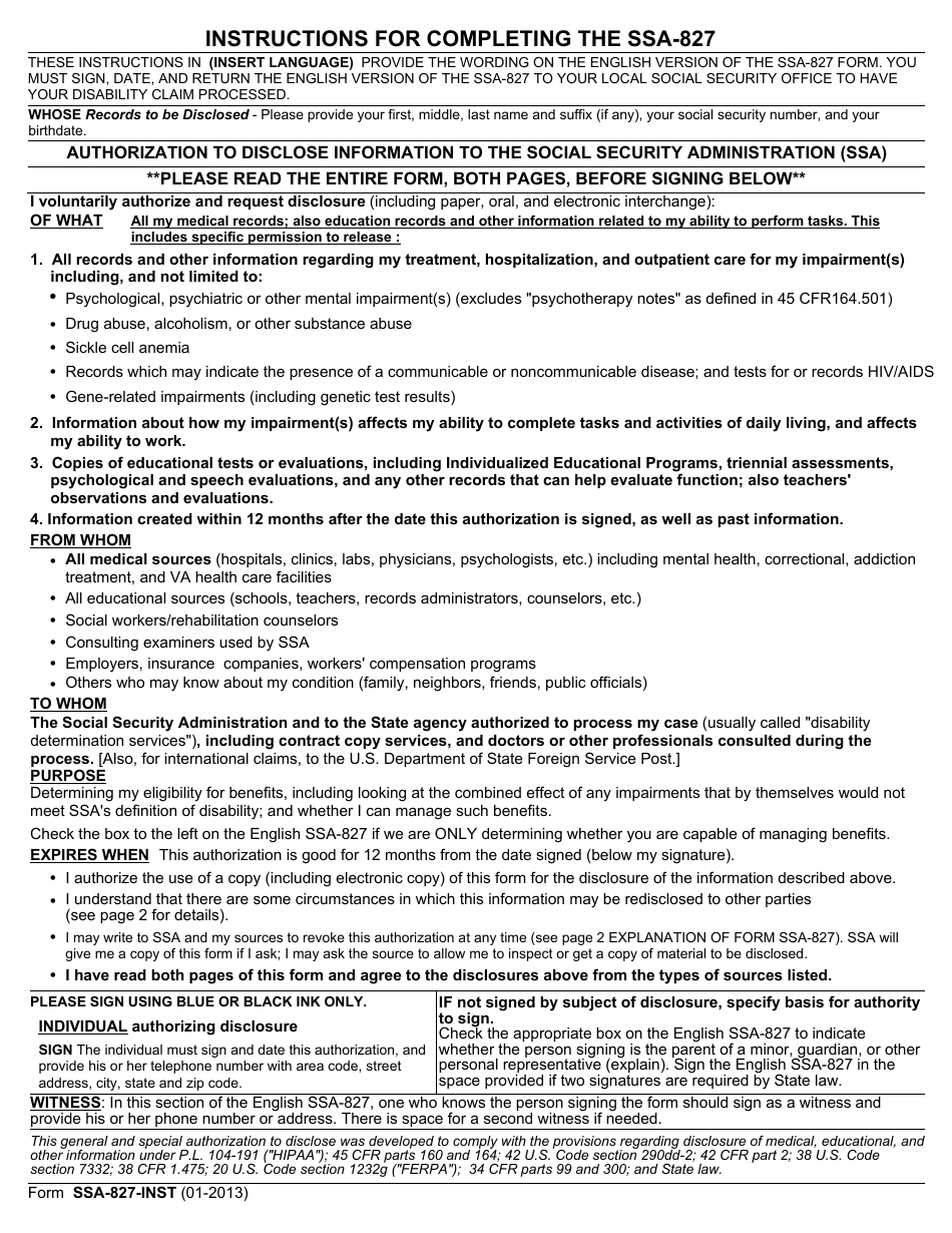 Instructions for Form SSA-827 Authorization to Disclose Information to the Social Security Administration (Ssa), Page 1